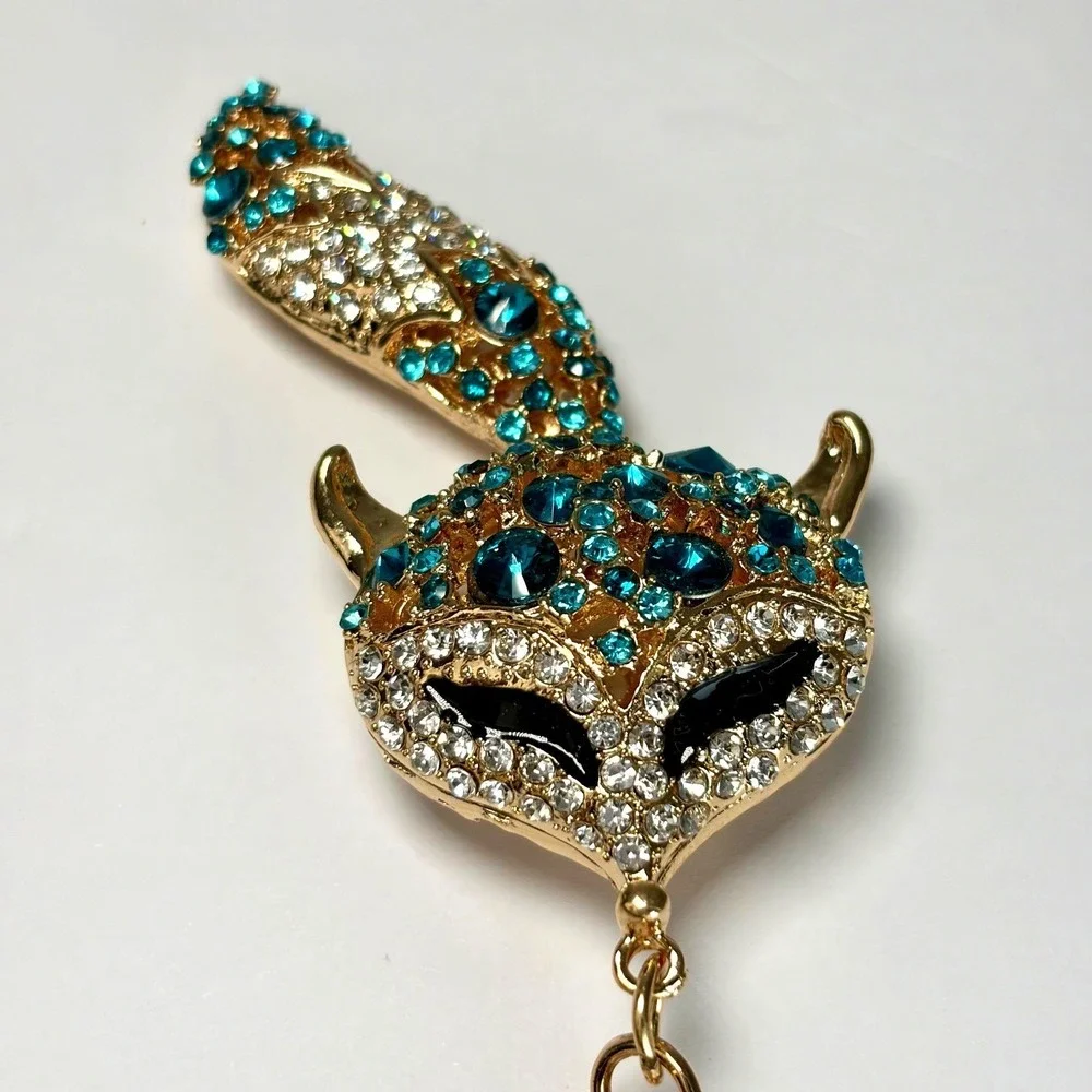 Boutique Fox Keychain Moving Tail Teal Rhinestone Gold Bling Bag Charm Y2K Gift‎